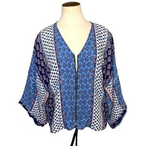 Bershka Boho Cropped Blouse Light Jacket Zip Blue Floral kimono sleeve Loose M